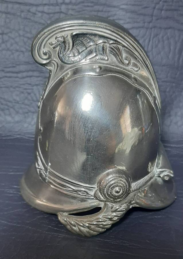 VINTAGE METAL HELMET INKWELL  CEREMONIAL STYLE WITH PORCELAIN INSERT