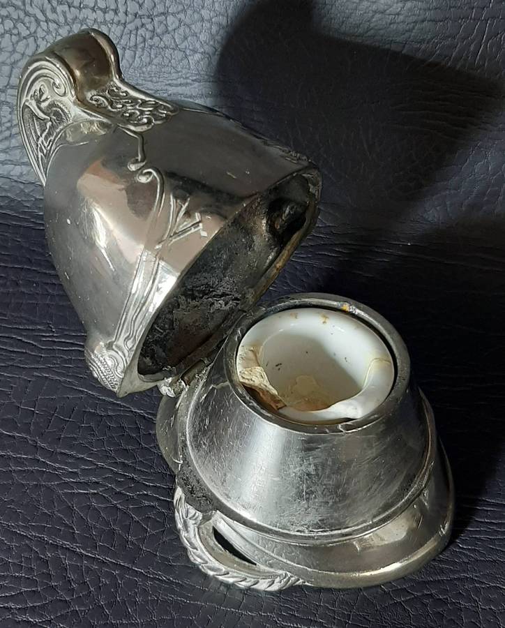 VINTAGE METAL HELMET INKWELL  CEREMONIAL STYLE WITH PORCELAIN INSERT