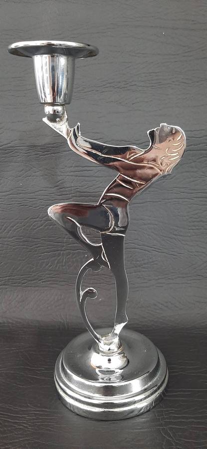 ART DECO METAL CANDLE HOLDER  SCULPTURAL FORM, 22CM TALL