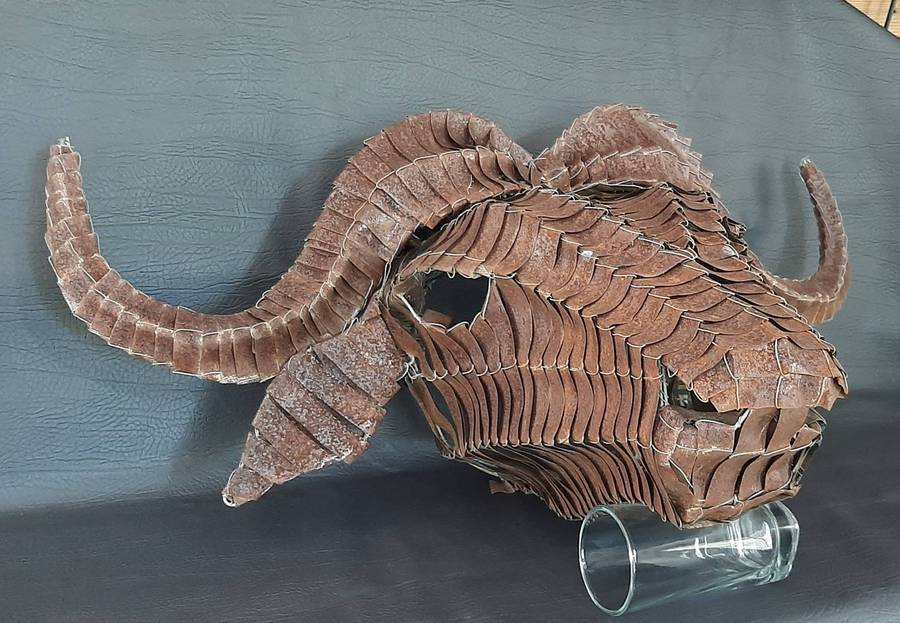 LARGE METAL WOVEN BUFFALO HEAD  WALL-MOUNTED SCULPTURAL STATEMENT