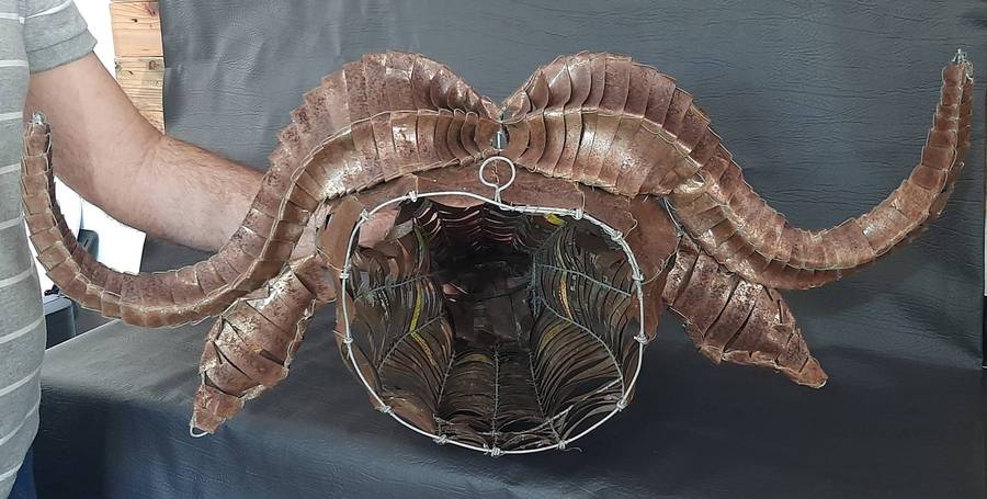 LARGE METAL WOVEN BUFFALO HEAD  WALL-MOUNTED SCULPTURAL STATEMENT
