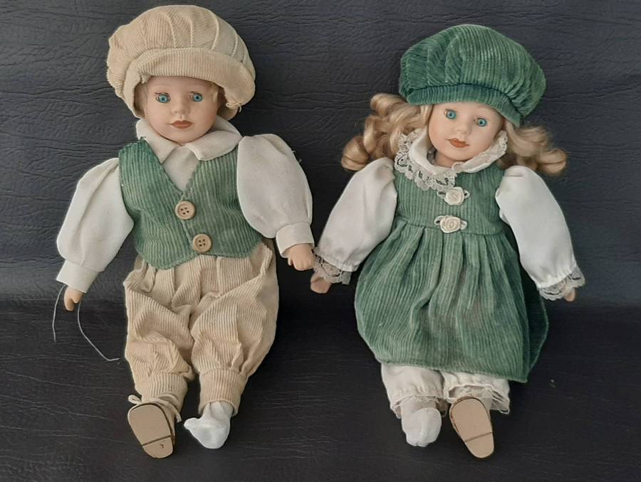 VINTAGE CERAMIC DOLL PAIR  GREEN CORDUROY DREAMS, 28CM OF STORYBOOK STYLE