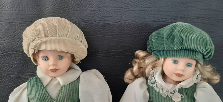VINTAGE CERAMIC DOLL PAIR  GREEN CORDUROY DREAMS, 28CM OF STORYBOOK STYLE