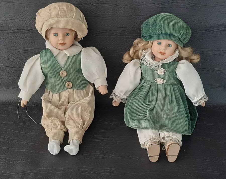 VINTAGE CERAMIC DOLL PAIR  GREEN CORDUROY DREAMS, 28CM OF STORYBOOK STYLE