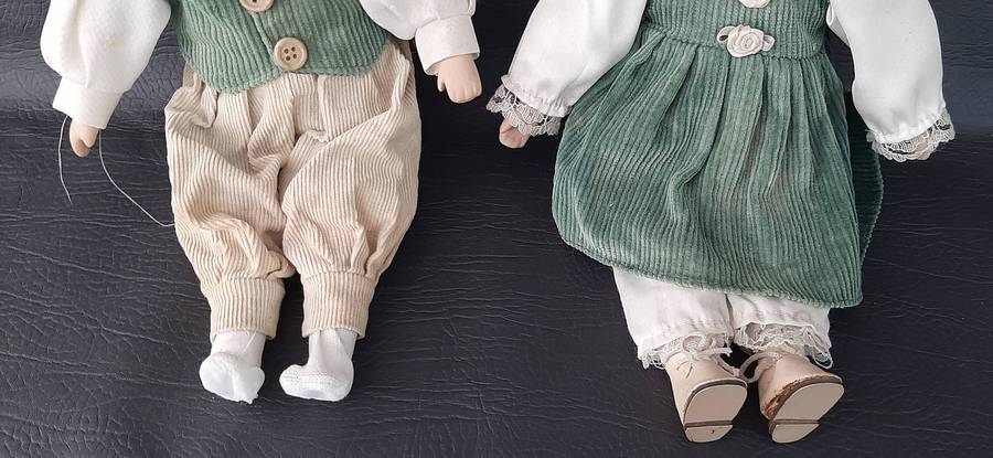 VINTAGE CERAMIC DOLL PAIR  GREEN CORDUROY DREAMS, 28CM OF STORYBOOK STYLE