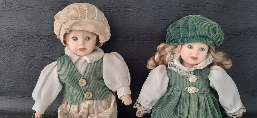 VINTAGE CERAMIC DOLL PAIR  GREEN CORDUROY DREAMS, 28CM OF STORYBOOK STYLE