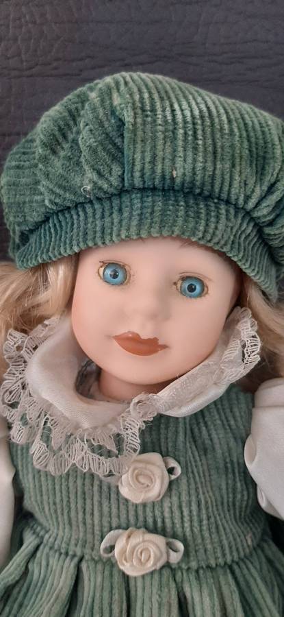 VINTAGE CERAMIC DOLL PAIR  GREEN CORDUROY DREAMS, 28CM OF STORYBOOK STYLE