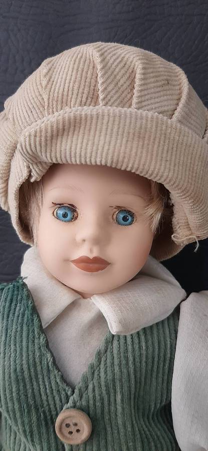 VINTAGE CERAMIC DOLL PAIR  GREEN CORDUROY DREAMS, 28CM OF STORYBOOK STYLE