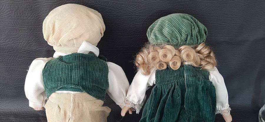 VINTAGE CERAMIC DOLL PAIR  GREEN CORDUROY DREAMS, 28CM OF STORYBOOK STYLE