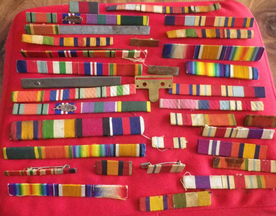 BRITSH ARMY + COMMONWEALTH -  LARGE LOT OF WW1 + WW2 MEDAL RIBBON BARS  (149)