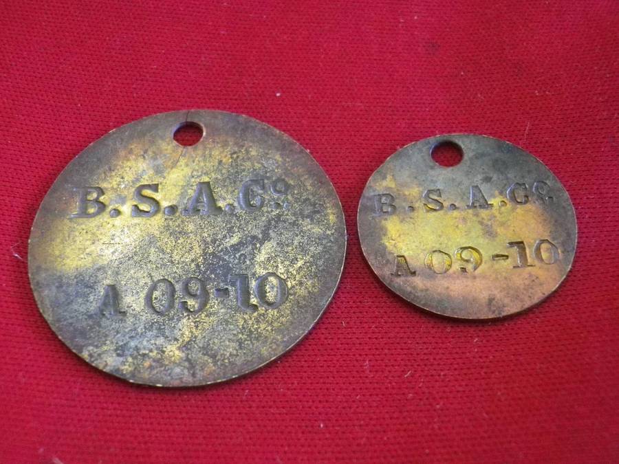 RHODESIA - PAIR BSACo HUT TAX TOKENS - MALE+FEMALE AREA "A"  YEAR 1909-10 -SHEET BRASS - RARE(228)