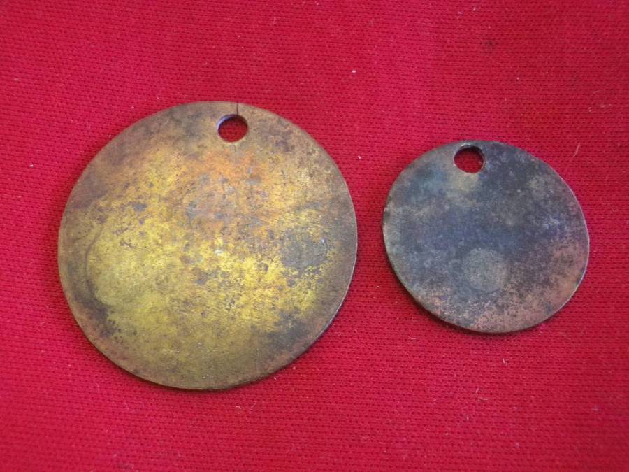 RHODESIA - PAIR BSACo HUT TAX TOKENS - MALE+FEMALE AREA "A"  YEAR 1909-10 -SHEET BRASS - RARE(228)