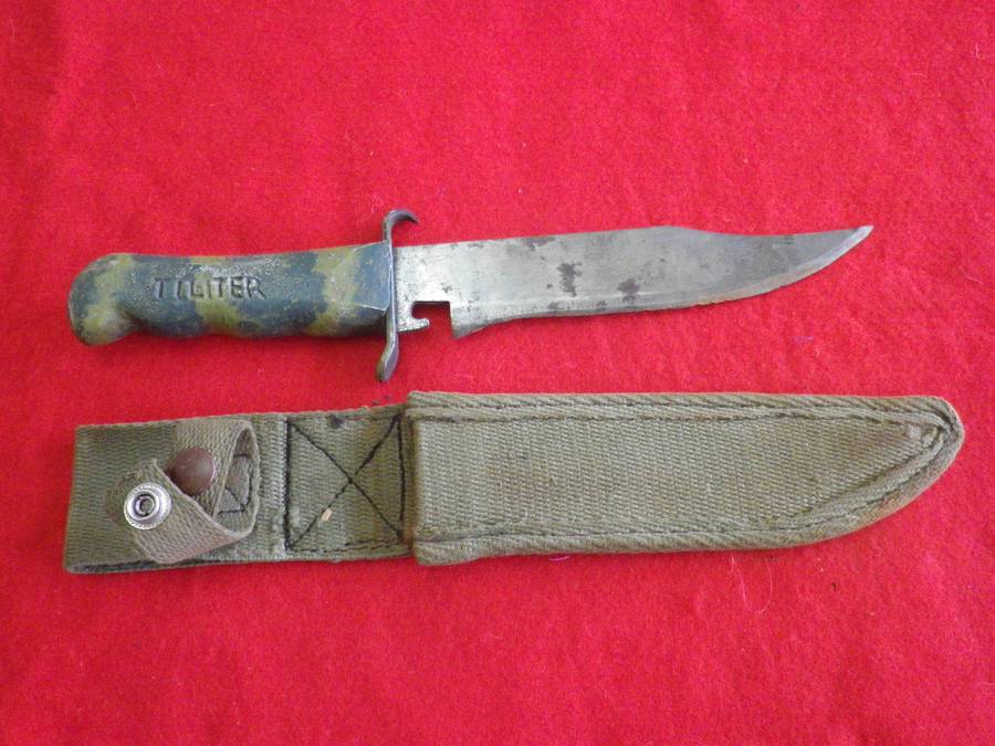 RHODESIAN MADE BUSH WAR PERIOD BUSH KNIFE + SHEATH (INSCRIBED) - BY TILITER - RARE SEE BELOW   (277)