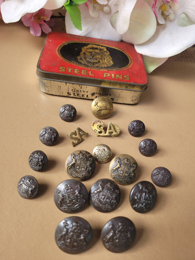 Old SAP/Navy Collectable Lot-As Pictured, Buttons/Cap//Tin/Earrings.