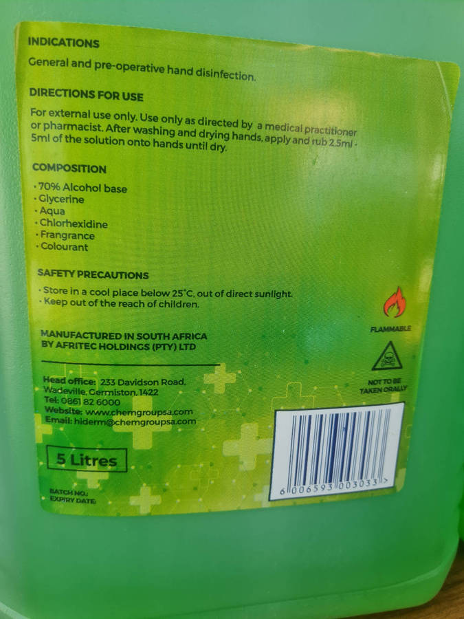 5L LIQUID HAND SANITISER, 70% Alcohol. (Bid Per Piece-To Take All 4x)