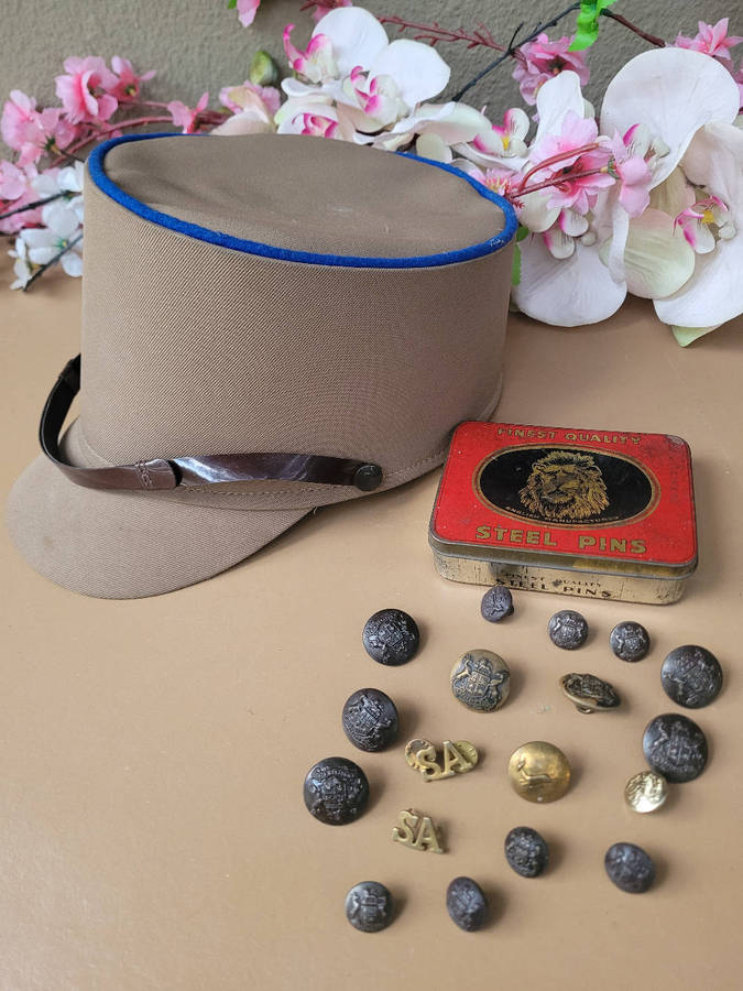 Old SAP/Navy Collectable Lot-As Pictured, Buttons/Cap//Tin/Earrings.