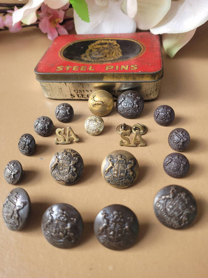 Old SAP/Navy Collectable Lot-As Pictured, Buttons/Cap//Tin/Earrings.