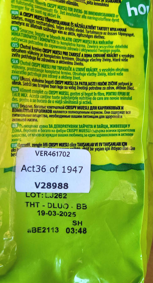 1Kg CRISPY MUELI With Extra Fibre For Rabbits-Expiry: 19.03.25