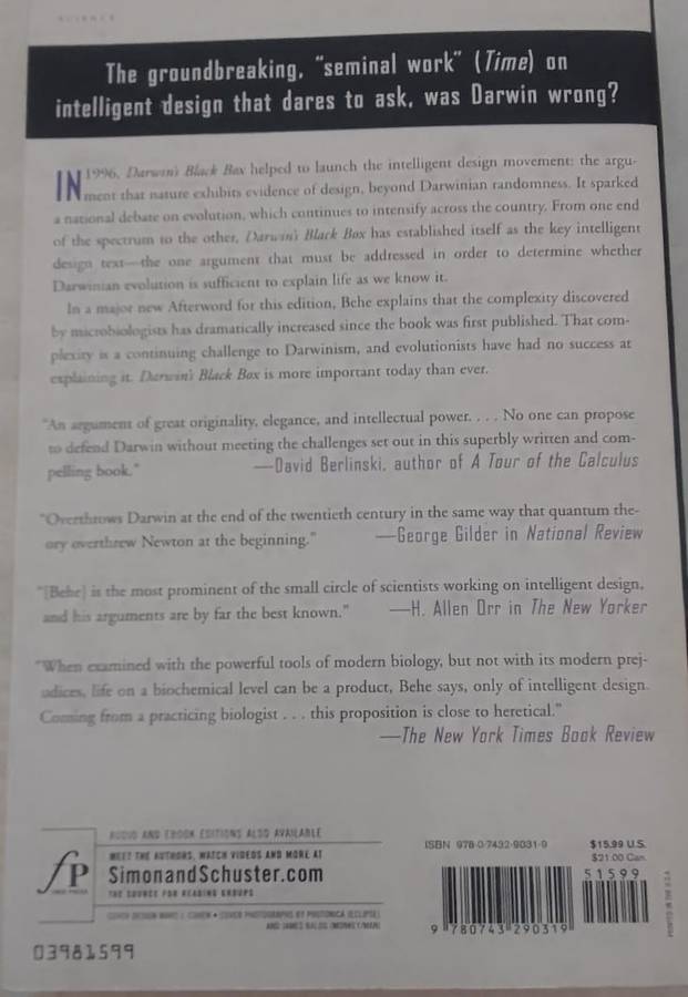 Book:  Darwin's Black Box - The Biochemical Challenge to Evolution- Michael J Behe