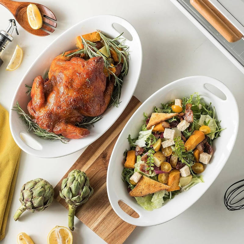White Oval Porcelain Serving Bowl with Handles