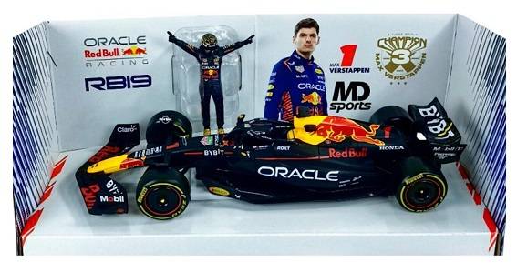 Burago 28036 Formula 1 F1 Red Bull RB19 No 1 Verstappen with figurine 3 times World Champ 1/24 scale