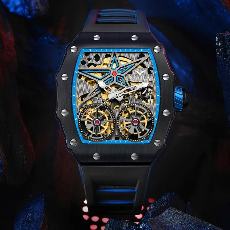 ONOLA Maximus Double Barrel Watch - Automatic, Blue Dial & Black Strap (Richard Mille Homage)