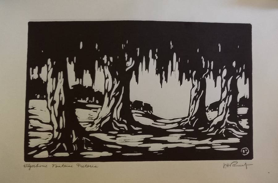 Linosniee afdruk van Wilgerbome Fonteine Pretoria deur Jacob Hendrik Pierneef