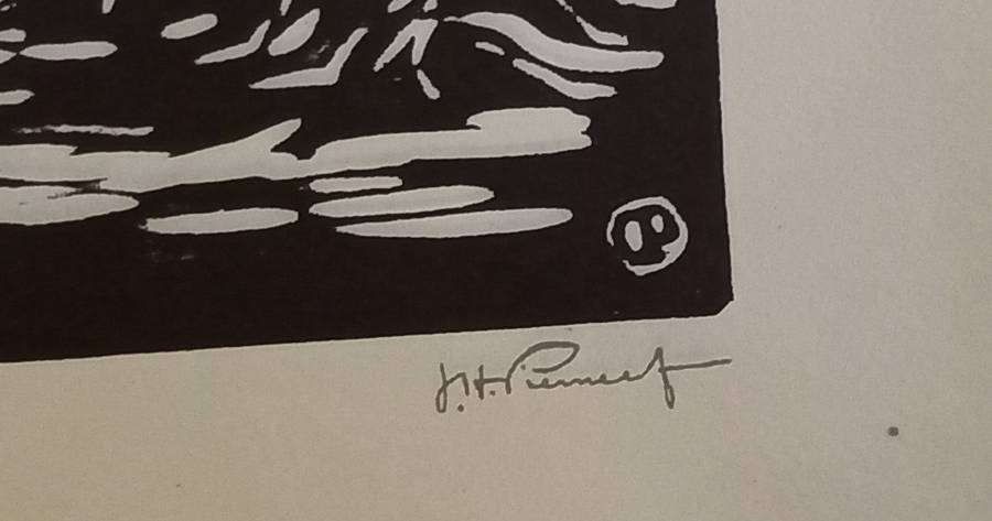 Linosniee afdruk van Wilgerbome Fonteine Pretoria deur Jacob Hendrik Pierneef