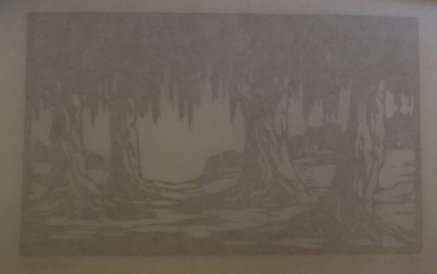 Linosniee afdruk van Wilgerbome Fonteine Pretoria deur Jacob Hendrik Pierneef