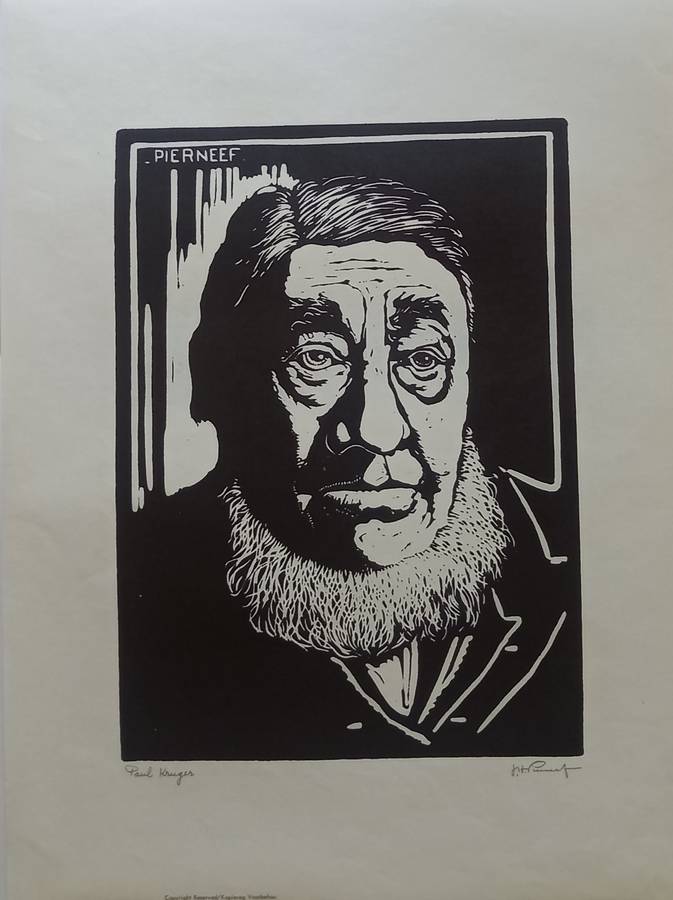 Linosniee afdruk van President Paul Kruger ZAR deur Jacob Hendrik Pierneef