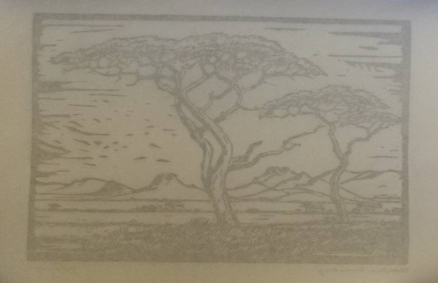 Linosniee afdruk van Doringbome Rustenburg deur Jacob Hendrik Pierneef