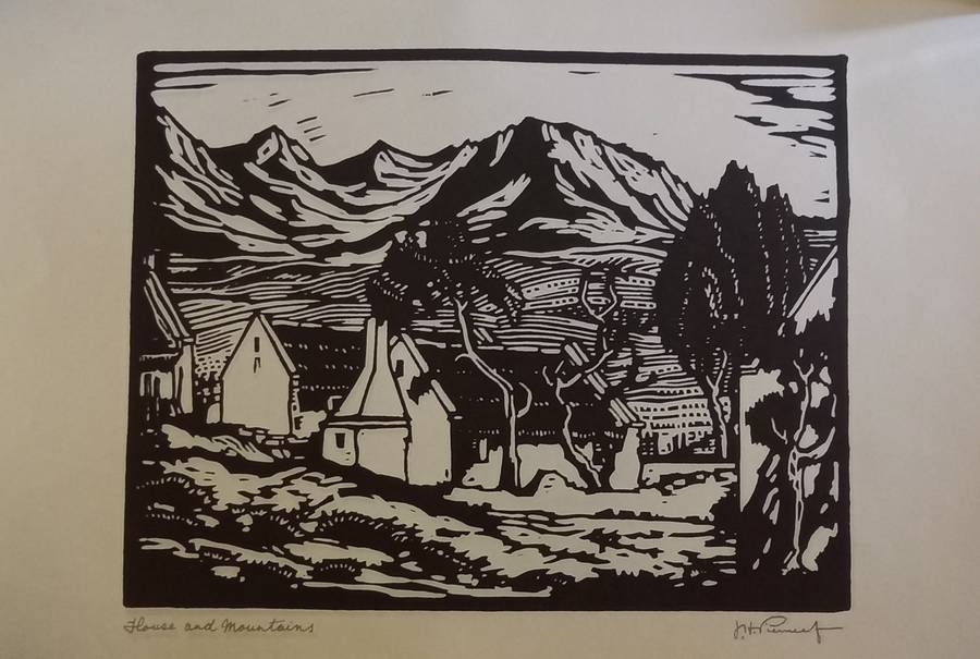Linosniee afdruk van Huis met berge deur Jacob Hendrik Pierneef