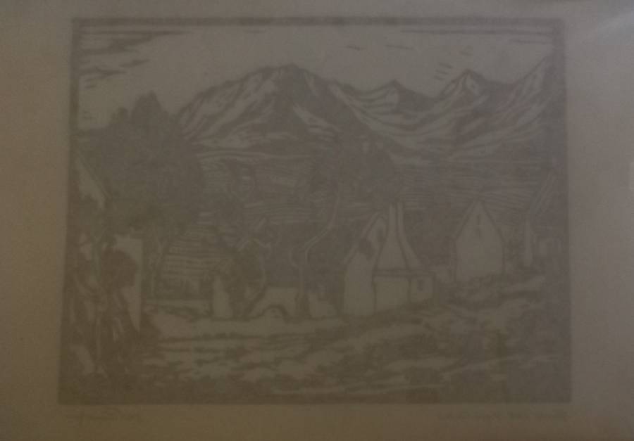 Linosniee afdruk van Huis met berge deur Jacob Hendrik Pierneef