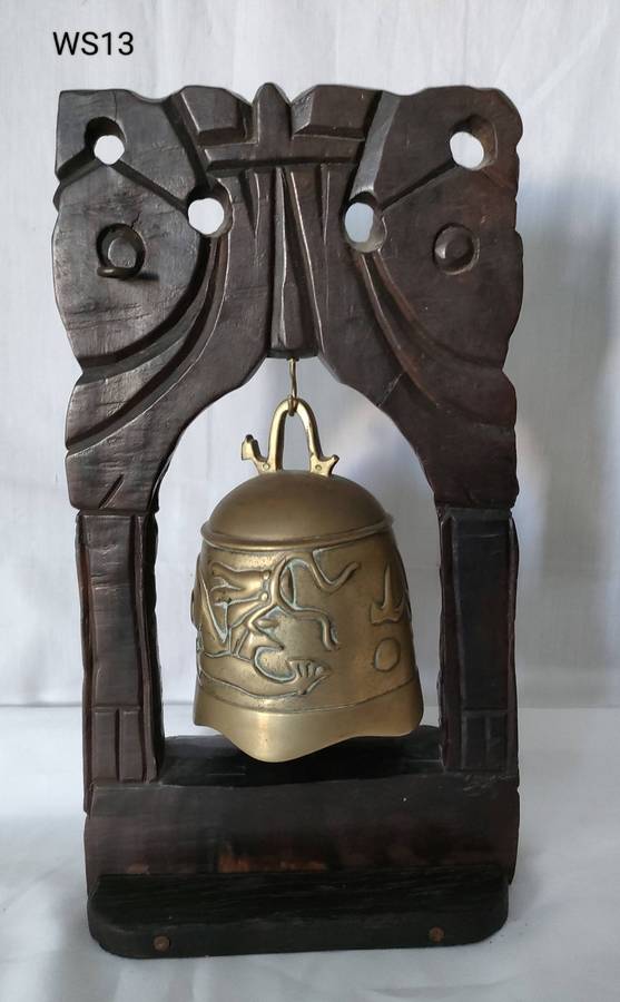 Antique Buddhist bell - ornate wooden stand with some silver inserts -375 x 215 mm- bell 110 mm wide