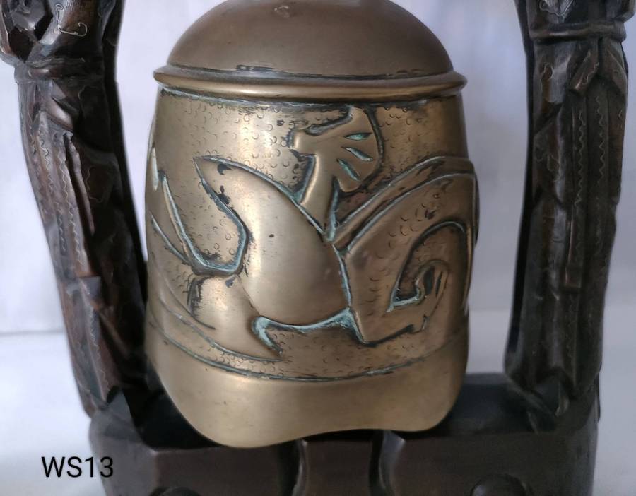 Antique Buddhist bell - ornate wooden stand with some silver inserts -375 x 215 mm- bell 110 mm wide