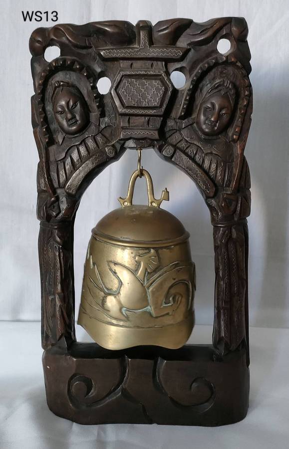 Antique Buddhist bell - ornate wooden stand with some silver inserts -375 x 215 mm- bell 110 mm wide