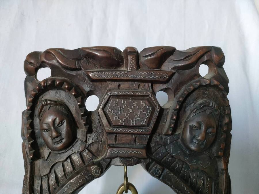 Antique Buddhist bell - ornate wooden stand with some silver inserts -375 x 215 mm- bell 110 mm wide