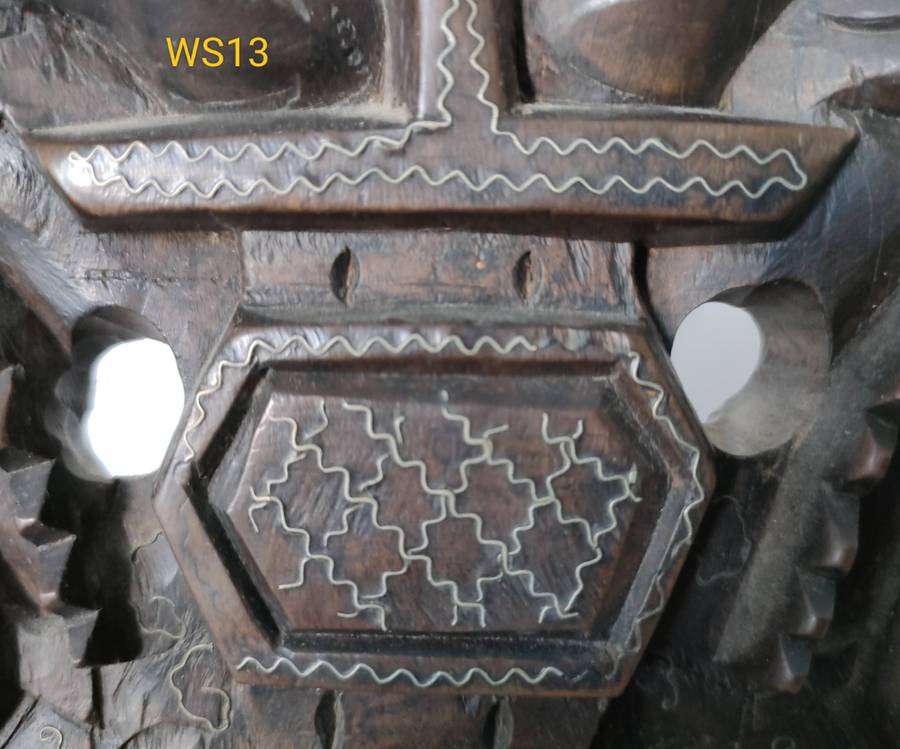 Antique Buddhist bell - ornate wooden stand with some silver inserts -375 x 215 mm- bell 110 mm wide