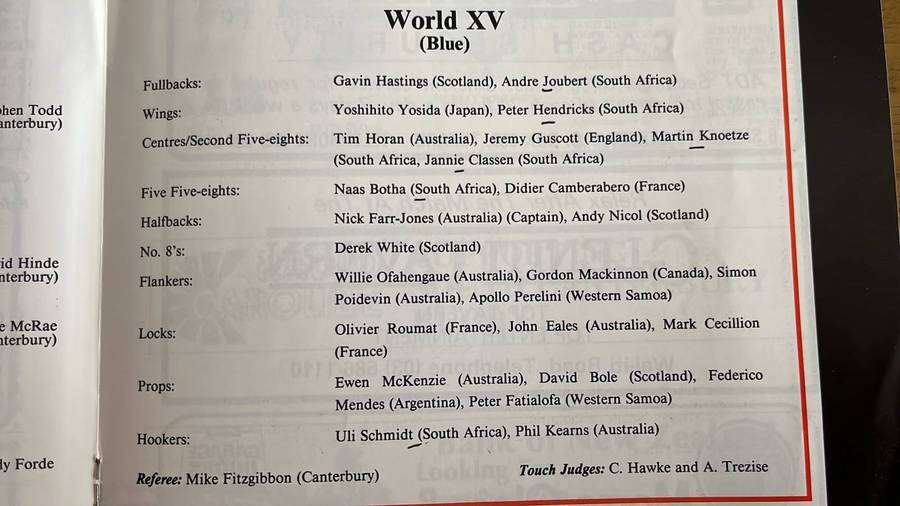 1992 Hanan Shield Districts Selection XV vs World XV Selection Programme, details below