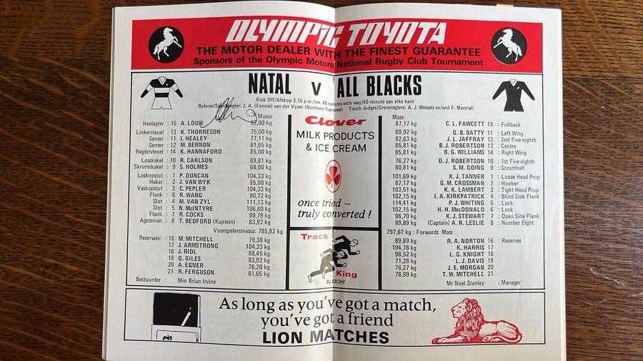 1976 Natal vs All Blacks at Kings Park Signed Programme, details below