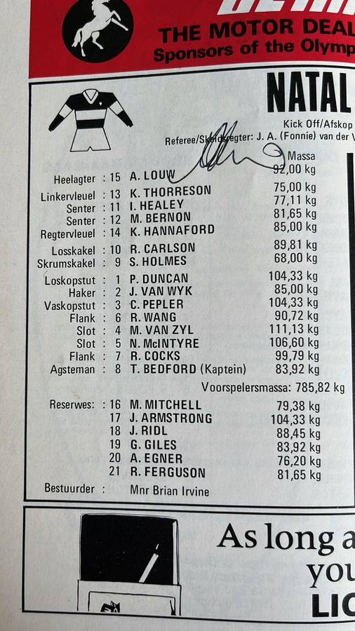 1976 Natal vs All Blacks at Kings Park Signed Programme, details below