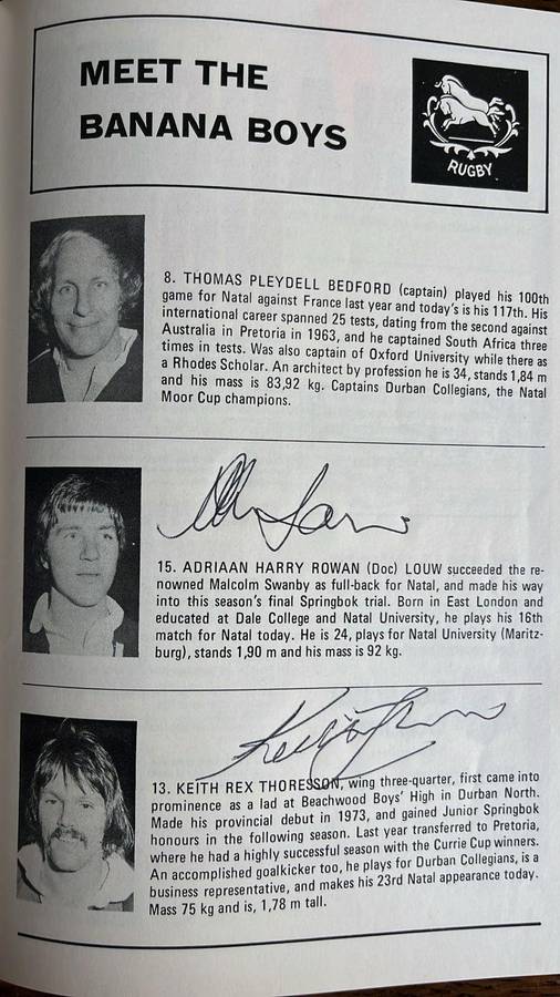 1976 Natal vs All Blacks at Kings Park Signed Programme, details below