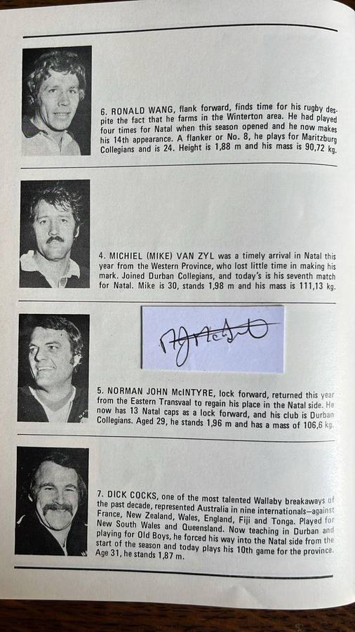 1976 Natal vs All Blacks at Kings Park Signed Programme, details below
