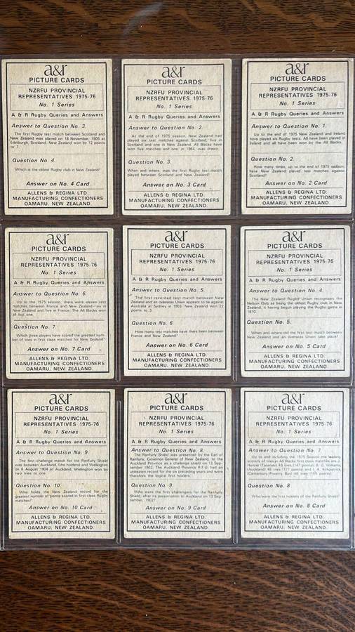 1975 New Zealand Rugby Union Cards, Complete Set, details below