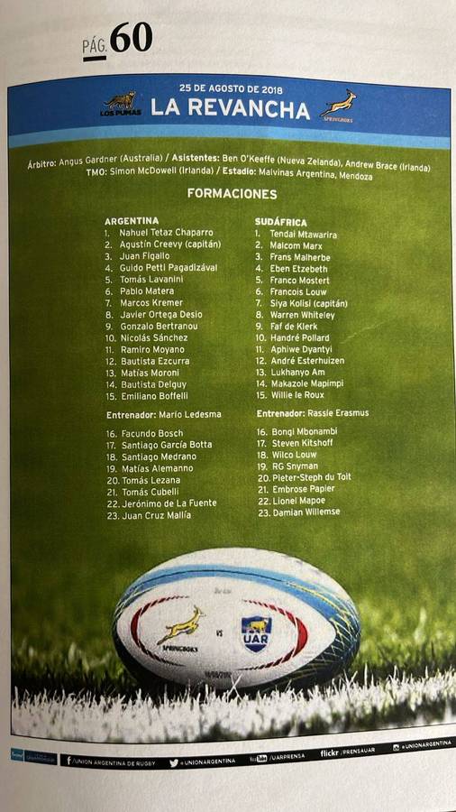 2018 Los Pumas vs Springboks in Mendoza Programme, details below