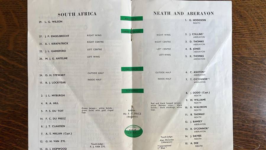 1961 South Africa vs Neath & Aberavon at Gnoll Ground Programme & Signatures, details below