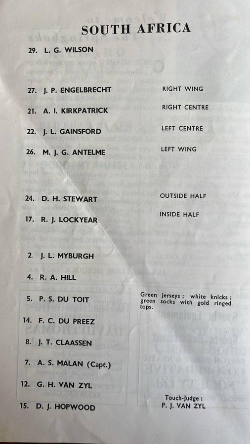 1961 South Africa vs Neath & Aberavon at Gnoll Ground Programme & Signatures, details below