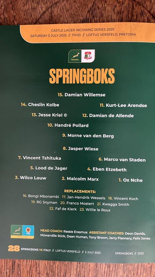 July 2025 Springboks vs Italy at Loftus Programme, details below