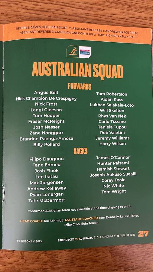 2025 Springboks vs Australia at Cape Town Stadium Programme, details below