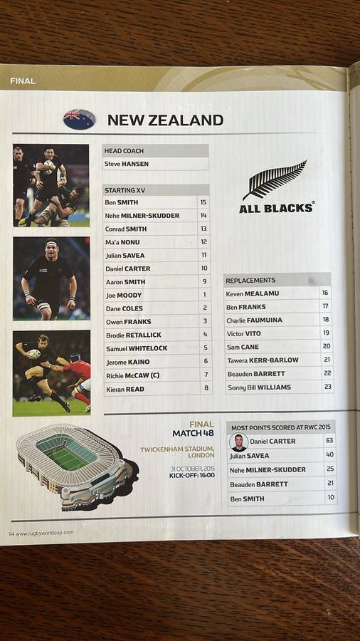 2015 RWC Final New Zealand vs Australia Programme & Pin, details below